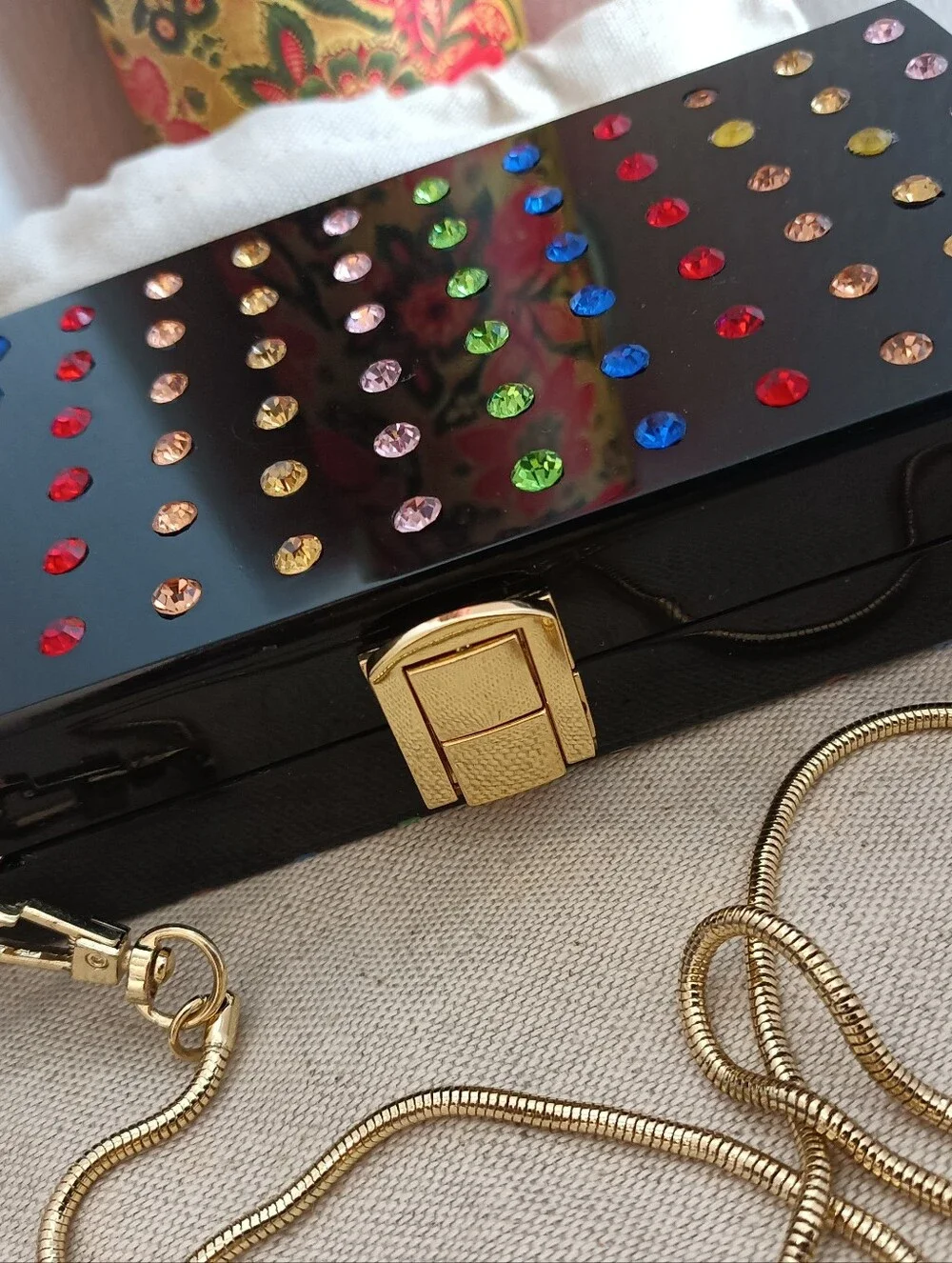 Milly Minaudie're Acrylic Black Jeweled Box Clutch with Gold Chain Link Strap